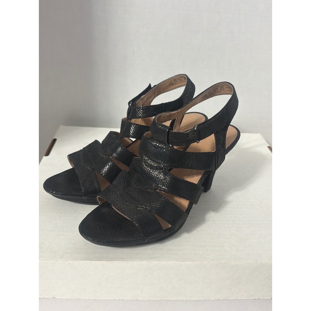 Naturalizer Black Snakeskin Embossed Strappy Flared Heel Sandals Women 8.5W